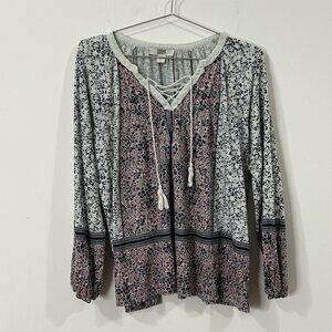 VINTAGE AMERICA BLUES L Lace Up Floral Geometric Knit Top Long Sleeve Boho